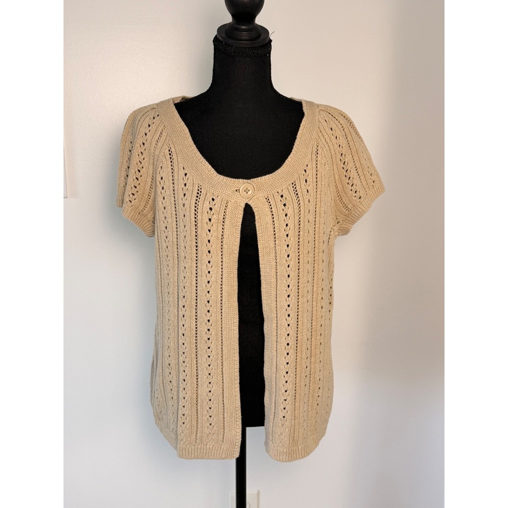 Y2K Pointelle Short Sleeve Cardigan Women's Beige Cottagecore Cozy Coastal L